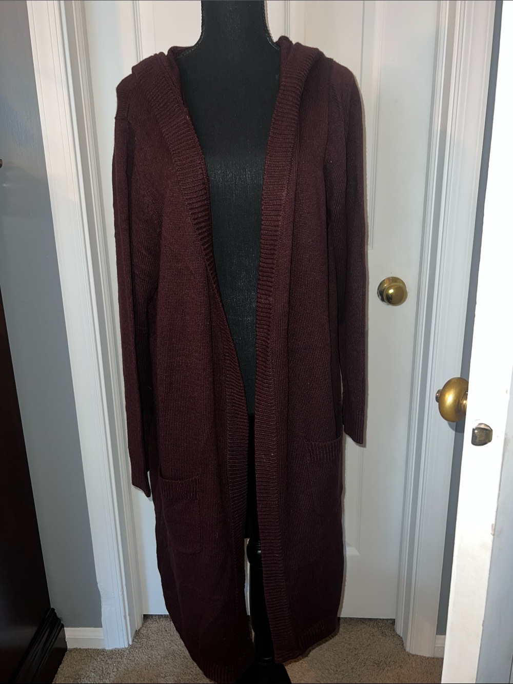 Oversized Long Hooded Maroon Open Cardigan